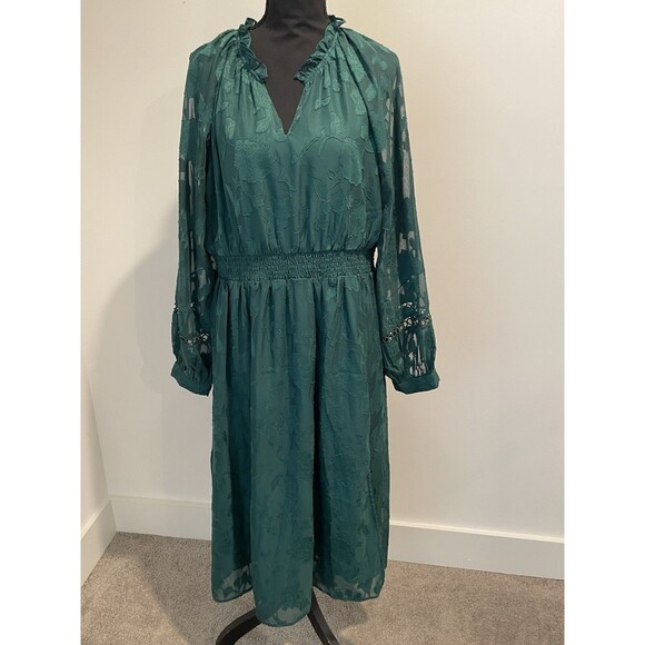 Emerald Green‎ Floral Burnout Midi Dress Long Sleeve Smocked Waist - Picture 1 of 6